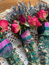 Load image into Gallery viewer, Rainbow fluorite, Blues + Purples, Sage & Lavender Smudge Stick