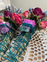 Load image into Gallery viewer, Rainbow fluorite, Blues + Purples, Sage & Lavender Smudge Stick