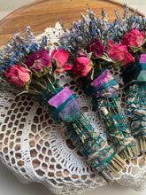 Load image into Gallery viewer, Rainbow fluorite, Blues + Purples, Sage & Lavender Smudge Stick
