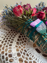 Load image into Gallery viewer, Rainbow fluorite, Blues + Purples, Sage & Lavender Smudge Stick