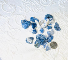 Load image into Gallery viewer, May include: A collection of blue and white kyanite crystal chips. The chips are various sizes and shapes. A US quarter is included for scale.
