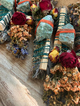 Load image into Gallery viewer, Chrysocolla, Palo Santo, Sage, Rosemary and Lavender Smudge Stick image 3