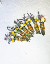 Load image into Gallery viewer, May include: A collection of dried flower bundles with dried orange slices. The bundles are tied with twine and include lavender, white and yellow flowers.