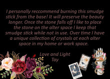 Load image into Gallery viewer, May include: A quote about burning smudge sticks and collecting crystals, with a floral arrangement, a hand with a snake wrapped around it, and two tarot cards. The quote reads: "I personally recommend burning this smudge stick from the base! It will preserve the beauty longer. Once the stone falls