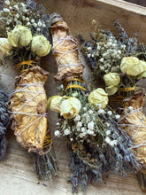 Load image into Gallery viewer, Pineapple Smudge Stick With Flowers, Home Cleansing, Calming Gifts Women, Lavender Smudge Stick, Witchy Accessories, Meditation Altar

