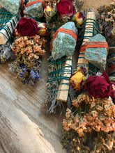Load image into Gallery viewer, Chrysocolla, Palo Santo, Sage, Rosemary and Lavender Smudge Stick
