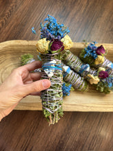 Load image into Gallery viewer, Blue Chalcedony, Cedar and Eucalyptus Smudge Stick
