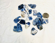 Load image into Gallery viewer, May include: A collection of blue and white sodalite rough stones. The stones are various sizes and shapes. A US quarter is included for size reference.

