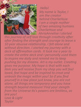 Load image into Gallery viewer, May include: A woman in a red dress stands in front of a table with plants and a sign that says "Hello! My name is Taylor, I am the creator behind Charlie Haze. I am a single mother of two amazing humans Charlie Haze and AhriaAnnelise. I started this journey of self love through creativity after fin
