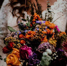 Load image into Gallery viewer, May include: A bouquet of dried flowers in shades of orange, purple, and green. The bouquet includes roses, lavender, and other wildflowers.
