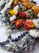 Load image into Gallery viewer, May include: A dried flower bouquet with white, yellow, orange, and red flowers, tied with twine. The bouquet includes dried lavender, roses, and orange slices.
