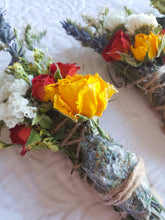 Load image into Gallery viewer, May include: A dried flower bouquet with yellow, red, and white flowers tied with twine around a green stone.
