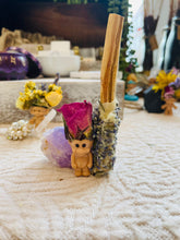 Load image into Gallery viewer, May include: A small troll figurine with a purple flower and dried lavender on a stick. The stick is wrapped in a purple crystal.

