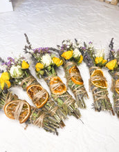 Load image into Gallery viewer, May include: A collection of dried flower bundles with dried orange slices, tied with twine. The bundles are made with lavender, dried flowers, and herbs.
