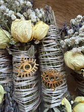 Load image into Gallery viewer, Evil Eye Protection Smudge Stick, Sage Lavender Rosemary, Smoke Cleansing Bundle, Protection Ritual, Witch Altar Supply image 4
