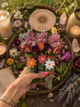 Load image into Gallery viewer, Lavender and mint floral bundles with retro daisy keychains styled in a summer solstice ritual setting

