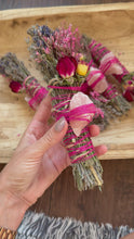 Load and play video in Gallery viewer, Rose Quartz Rosemary, Sage, Lavender  Smudge stick
