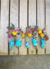 Load image into Gallery viewer, Blue Howlite, Sage, Rosemary, Lavender Palo Santo and Spray Rose Smudge Stick Bundle
