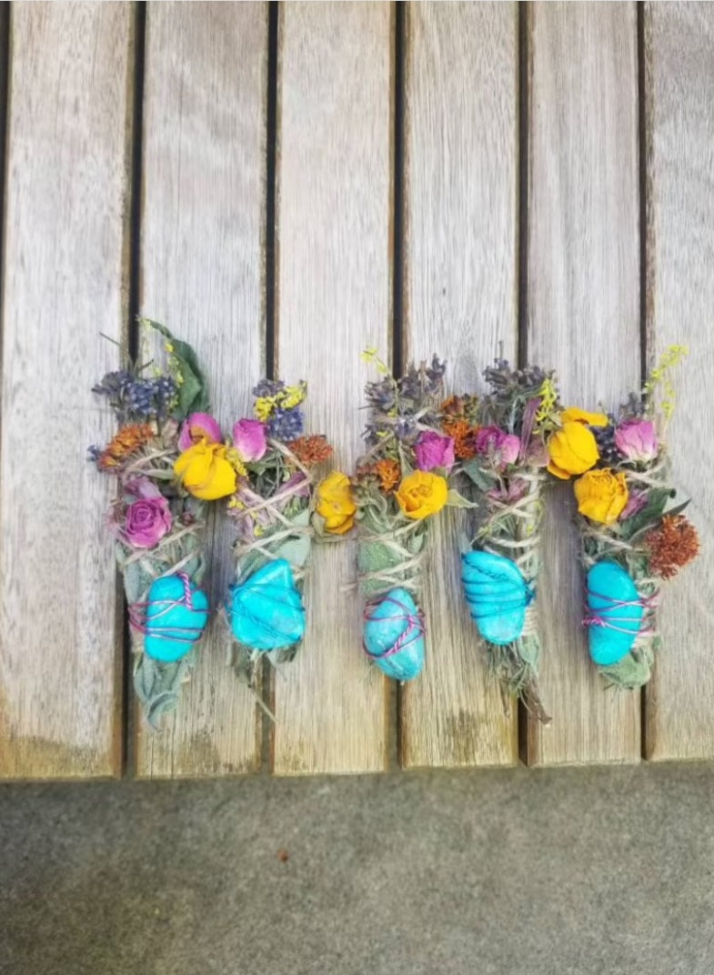 Blue Howlite, Sage, Rosemary, Lavender Palo Santo and Spray Rose Smudge Stick Bundle