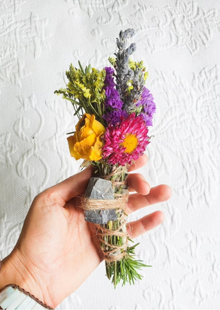 Black Onyx, Sage, Rose, Rosemary and Lavender Smudge Stick