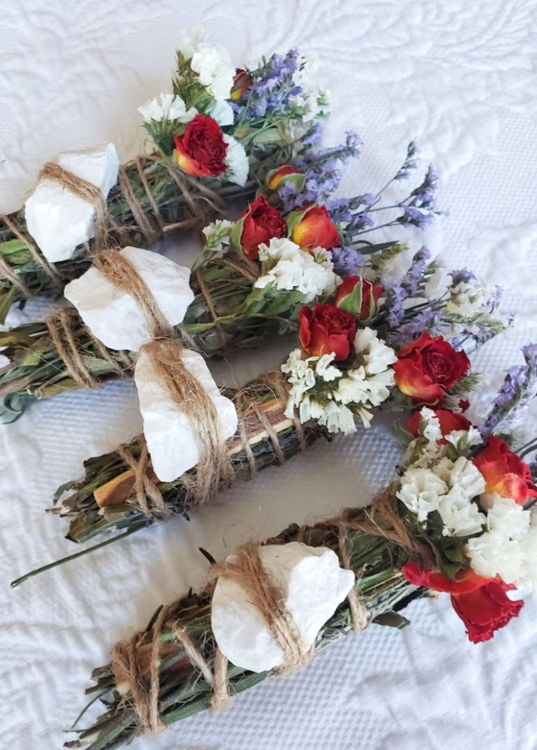 White Howlite, Palo Santo, Rosemary, White Sage, Lavender and Wild Flower Smudge Stick