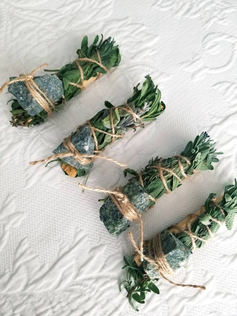 Nephrite ( Jade ) , Palo Santo, Sage, Rosemary and Lavender Smudge Bundle