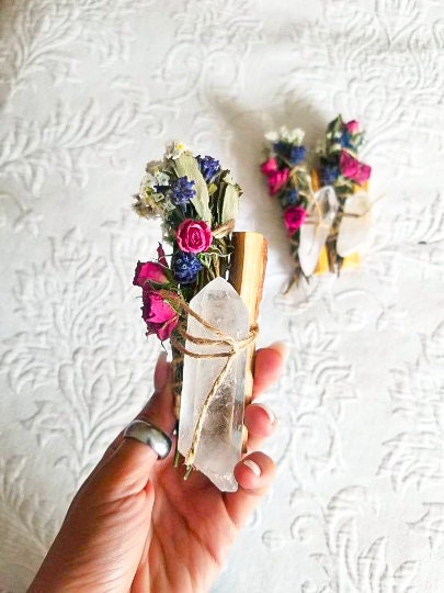 Quartz Crystal, Sage, Rosemary, Lavender Palo Santo and Spray Rose Smudge Stick Bundle