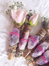 Load image into Gallery viewer, Amethyst, Lavender, Rose and Palo Santo Smudge stick
