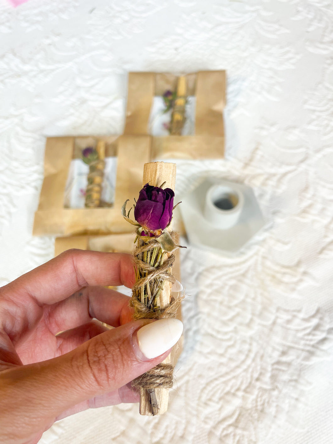 Smudge Stick with Rose , Palo Santo, Rosemary Herbal Wand